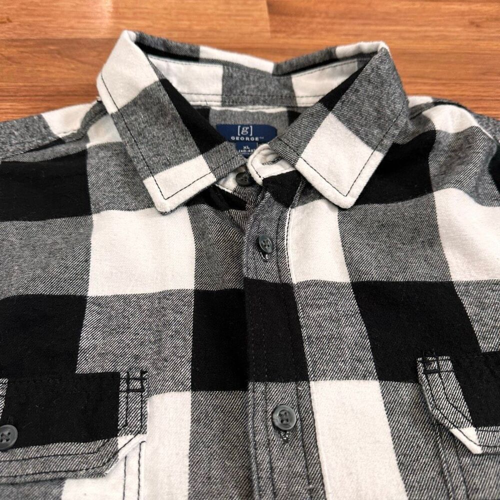 George Long Sleeve Button-Up Collard Shirt Flannel Plaid Black and White| Men Si - Picture 7 of 14